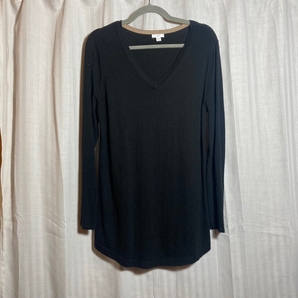 J. Jill Black V-Neck Long Sleeve Tunic Sweater Tan Trim Curved Hem M Minimalist